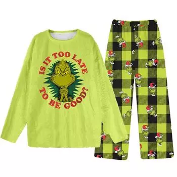 Комплект из двух предметов для взрослых, топ с круглым вырезом и длинными рукавами, эластичные брюки, пижамный комплект, костюм для отдыха S зелёный