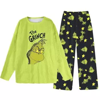 Комплект из двух предметов для взрослых, топ с круглым вырезом и длинными рукавами, эластичные брюки, пижамный комплект, костюм для отдыха M