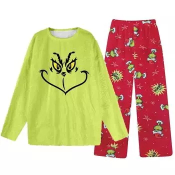 Комплект из двух предметов для взрослых, топ с круглым вырезом и длинными рукавами, эластичные брюки, пижамный комплект, костюм для отдыха S зелёный