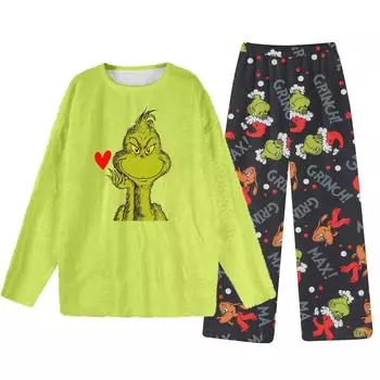 Комплект из двух предметов для взрослых, топ с круглым вырезом и длинными рукавами, эластичные брюки, пижамный комплект, костюм для отдыха S