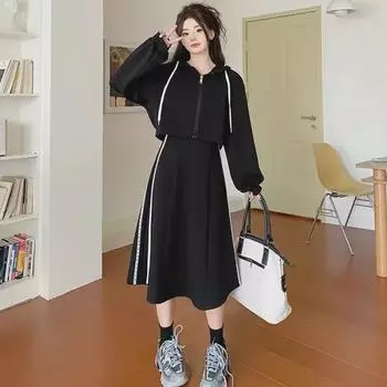 Комплект из двух предметов для женщин больших размеров: Свитер с капюшоном и платье на подтяжках на весну/осень M 40-50kg