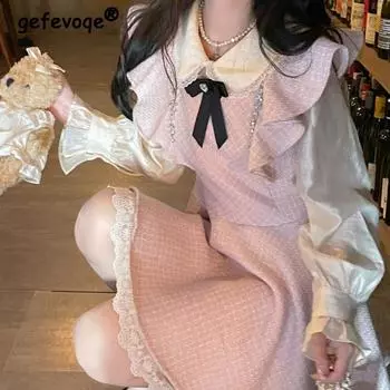 Комплект из двух предметов для женщин, французские оборки, кружево, пэчворк, бант, розовые милые платья, винтажное элегантное шикарное роскошное тонкое мини-платье в стиле феи S розовый/белый