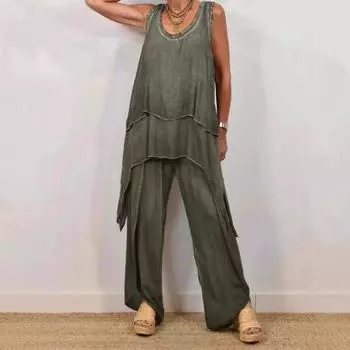 Комплект из двух предметов для женщин, повседневный безрукавный асимметричный топ с широкими брюками, свободный домашний костюм на лето S синий