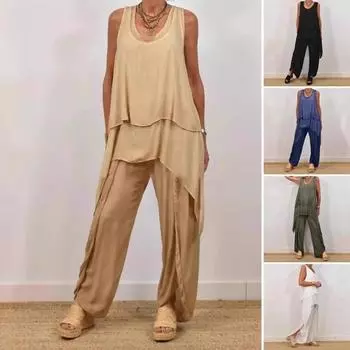Комплект из двух предметов для женщин, повседневный безрукавный асимметричный топ с широкими брюками, свободный домашний костюм на лето S чёрный