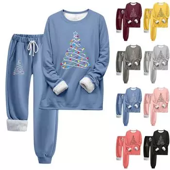 Комплект из двух предметов для женщин, теплый спортивный комплект с флисовой подкладкой, свитшот с круглым вырезом и длинными рукавами, с рождественским принтом, спортивные штаны с завязками на талии XXL розовый
