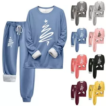Комплект из двух предметов для женщин, теплый спортивный комплект с флисовой подкладкой, свитшот с круглым вырезом и длинными рукавами, с рождественским принтом, спортивные штаны с завязками на талии S розовый