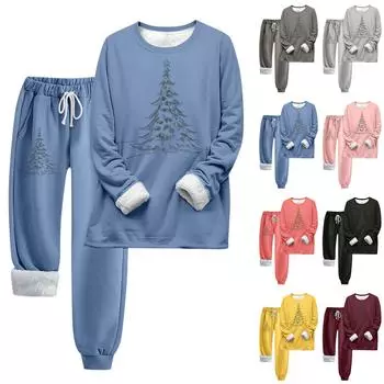 Комплект из двух предметов для женщин, теплый спортивный комплект с флисовой подкладкой, свитшот с круглым вырезом и длинными рукавами, с рождественским принтом, спортивные штаны с завязками на талии XXL чёрный