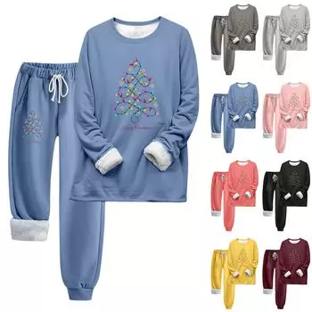 Комплект из двух предметов для женщин, теплый спортивный комплект с флисовой подкладкой, свитшот с круглым вырезом и длинными рукавами, с рождественским принтом, спортивные штаны с завязками на талии L чёрный