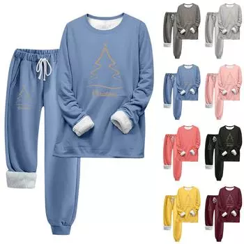 Комплект из двух предметов для женщин, теплый спортивный комплект с флисовой подкладкой, свитшот с круглым вырезом и длинными рукавами, с рождественским принтом, спортивные штаны с завязками на талии L синий
