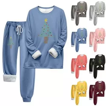 Комплект из двух предметов для женщин, теплый спортивный комплект с флисовой подкладкой, свитшот с круглым вырезом и длинными рукавами, с рождественским принтом, спортивные штаны с завязками на талии XXXXXL чёрный