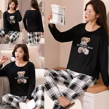 Комплект из двух предметов для женщин, весна, лето и осень, высококачественная хлопковая пижама, пижамные штаны, простая удобная домашняя одежда L розовый