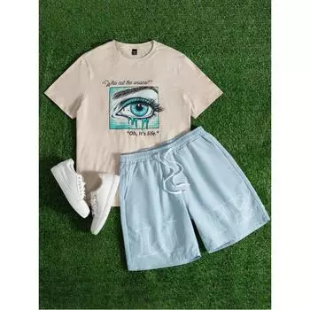 Комплект из двух предметов: футболка с круглым вырезом и принтом в виде глаз и лозунга, повседневный мужской комплект из двух предметов с коротким рукавом и шортами XS