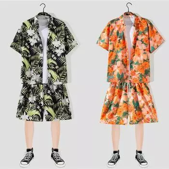 Комплект из двух предметов, гавайская рубашка, шорты, мужской комплект, модный летний пляжный комплект с короткими рукавами, повседневная рубашка с цветочным принтом M жёлтый