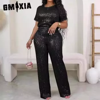 Комплект из двух предметов GMXIA весна-лето с пайетками, однотонные брюки с короткими рукавами S чёрный