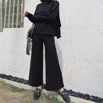 Комплект из двух предметов Havanaa, пуловер, свитер, спортивный костюм, женский вязаный костюм с высокой талией, широкие брюки, женский костюм, комплект из 2 предметов, женский зимний M абрикосовый