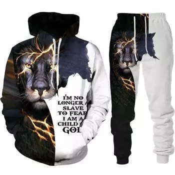 Комплект из двух предметов, христианская Библейская вера, Иисус Бог, мужской костюм с капюшоном, крутая уличная одежда с 3D принтом льва, одежда для пар, спортивный костюм для бега S