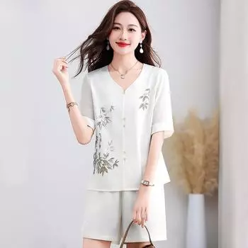 Комплект из двух предметов из шёлка с короткими рукавами, женский летний повседневный комплект из двух предметов XXXL белый