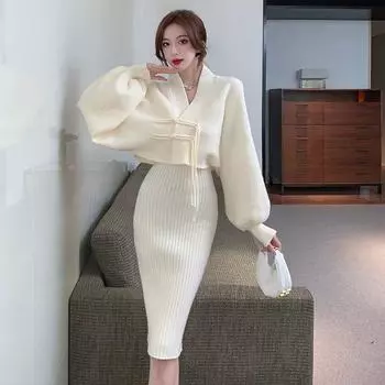 Комплект из двух предметов из трикотажного ретро-трикотажа для женщин, осень/зима, ленивый стиль, мягкий свитер, кардиган, пальто One Size чёрный