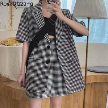 Комплект из двух предметов, клетчатый пиджак с v-образным вырезом, длинная рубашка на пуговицах, свободный топ + мини-юбка трапециевидного силуэта, женский костюм из 2 предметов, корейский наряд S чёрный