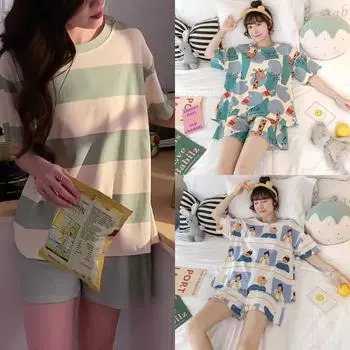 Комплект из двух предметов, комплект женской пижамы, летние шорты с короткими рукавами, тонкая часть маленькой свежей милой свободной удобной домашней одежды free-45-75kg