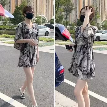 Комплект из двух предметов, летний шифоновый женский топ и шорты, комплект с принтом, свободный наряд с высокой талией, женская одежда M разноцветный