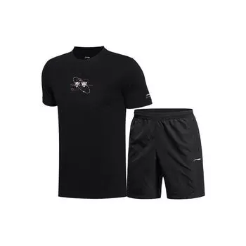 Комплект из двух предметов Li Ning Sports Lifestyle Series с вышитым логотипом, мужские комплекты, черный цвет YHST179-1+YKST061-1 S
