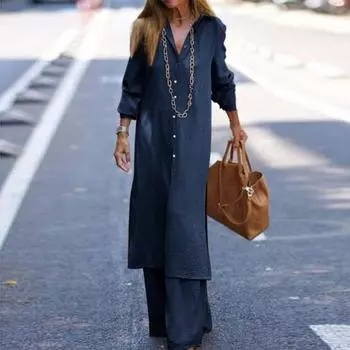 Комплект из двух предметов, модный и повседневный, топ с длинными рукавами и костюм с брюками, весенне-осенние эластичные костюмы с широкой талией и высокой талией 2XL