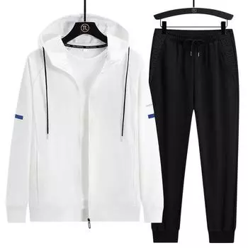 Весна-Осень Модный мужской комплект из двух предметов, утепленные спортивные штаны, повседневный спортивный кардиган с капюшоном, пальто, большие размеры 8XL белый