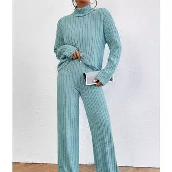 Комплект из двух предметов — мягкая однотонная ткань в рубчик, привлекательная футболка с воротником-стойкой, струящиеся широкие брюки S чёрный