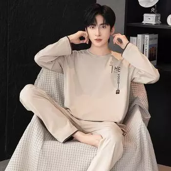 Комплект из двух предметов, мужская хлопковая пижама, комплект с длинными рукавами, топ и штаны для сна, пижама большого размера L-3XL, пижама для молодых мальчиков, Hombre L легкие хаки