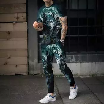 Комплект из двух предметов: мужские длинные брюки с 3D принтом волка, спортивная одежда для бега, футболка с короткими рукавами + длинные брюки, повседневный уличный трендовый комплект S