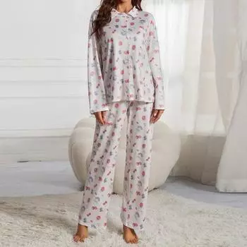 Комплект из двух предметов одежды, топ с длинными рукавами, широкие брюки, домашняя одежда, одежда для домашних вечеринок и отдыха на открытом воздухе S белый