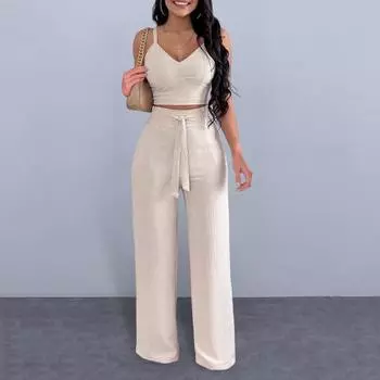 Комплект из двух предметов одежды Yousheng для женщин: укороченный топ без рукавов с V-образным вырезом и широкими брюками, повседневная летняя одежда для отдыха на пляже S чёрный