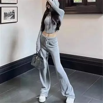 Комплект из двух предметов: однотонный спортивный костюм из 2 предметов, базовый спортивный трикотаж, укороченный топ и брючный костюм, вязаные пуловеры с капюшоном, брюки на шнурке y2k S чёрный