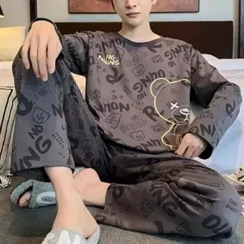 Комплект из двух предметов осень-зима женская пижама мужская с длинными рукавами мультяшные буквы медведь пуловер пижамы женские большие размеры домашняя одежда L серый