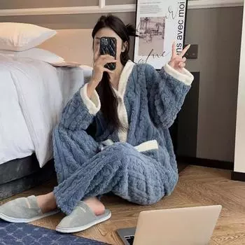 Комплект из двух предметов, осенне-зимняя пижама, женская, утепленная, с подкладкой, теплая, для студентов, кораллового цвета, для девочек, бархатный костюм, домашняя одежда, кардиган, брюки L синий