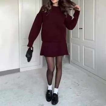 Комплект из двух предметов, осенний однотонный повседневный универсальный трикотажный короткий костюм для женщин, комплект из двух предметов, женская повседневная теплая верхняя одежда, наряды S чёрный