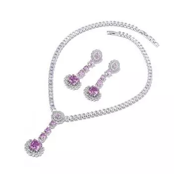 Комплект из двух предметов: ожерелье с квадратным цирконием, розовое, королевское, синее, вечернее платье, ожерелье, серьги 925 Silver Needle Earrings розовый