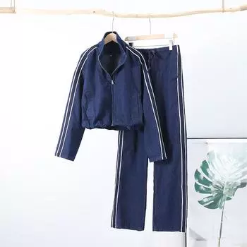 Комплект из двух предметов: полосатая куртка, широкие брюки, женская свободная джинсовая куртка с воротником-стойкой на молнии, брюки на завязках, простой повседневный комплект из брюк S синий