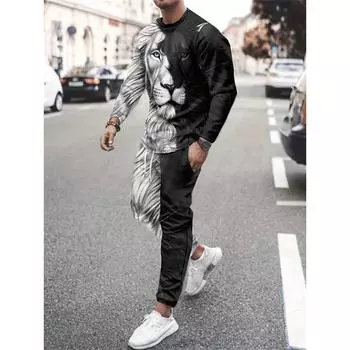 Комплект из двух предметов: повседневная футболка с длинными рукавами и брюки на весну и осень, мужская уличная мода, принт в виде льва 3D S