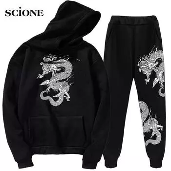 Комплект из двух предметов, повседневный флисовый спортивный костюм, толстовка с капюшоном большого размера, костюм Дракона, бархатная толстовка, куртка, толстовки