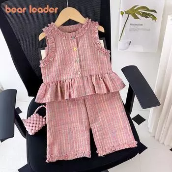 Комплект из двух предметов: повседневный розовый клетчатый топ без рукавов для девочки 2-7 лет + широкие брюки, летний детский модный новый костюм TZ520 2T