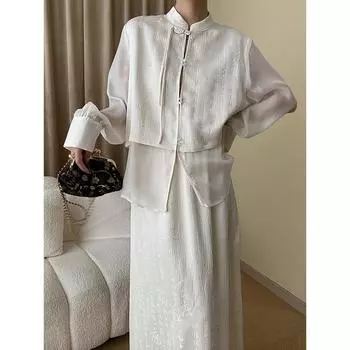 Комплект из двух предметов: рубашка из темной ткани с покрытием на пуговицах в китайском стиле, юбка до половины тела M абрикосовый