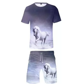 Комплект из двух предметов с 3D принтом в виде животного динозавра и лошади, модная летняя милая футболка + шорты, костюм, крутая футболка в стиле Харадзюку, уличная одежда S