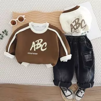 Комплект из двух предметов с длинными рукавами для мальчиков от 0 до 5 лет, модный детский комплект с капюшоном и надписью, повседневные джинсовые брюки, удобная одежда для мальчиков и малышей S коричневый