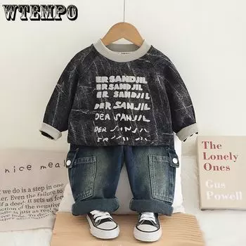 Комплект из двух предметов с капюшоном и джинсами для мальчиков в Корейском стиле с длинными рукавами и надписью 80 серый