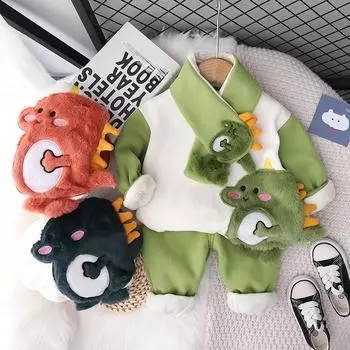 Комплект из двух предметов: шарф и свитер с динозавром для мальчиков (Возраст 0-5) - Уютный топ с длинными рукавами и плотными брюками для зимы 90 cm