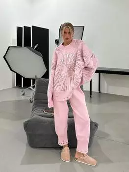 Комплект из двух предметов: свитер с буквенным принтом и рваные брюки на осень/зиму One size