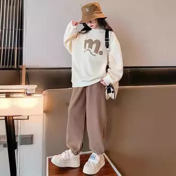 Комплект из двух предметов: толстовка с круглым вырезом и спортивные штаны для девочек на весну 170 абрикосовый