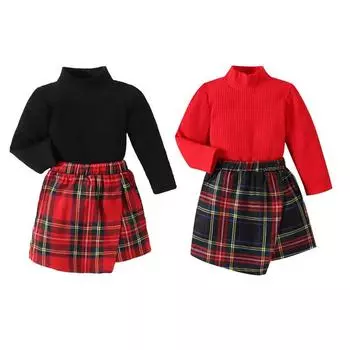 Комплект из двух предметов: топ и брюки для маленьких девочек, однотонный пуловер с высоким воротником, клетчатые брюки-кюлоты, комплект детской одежды 110